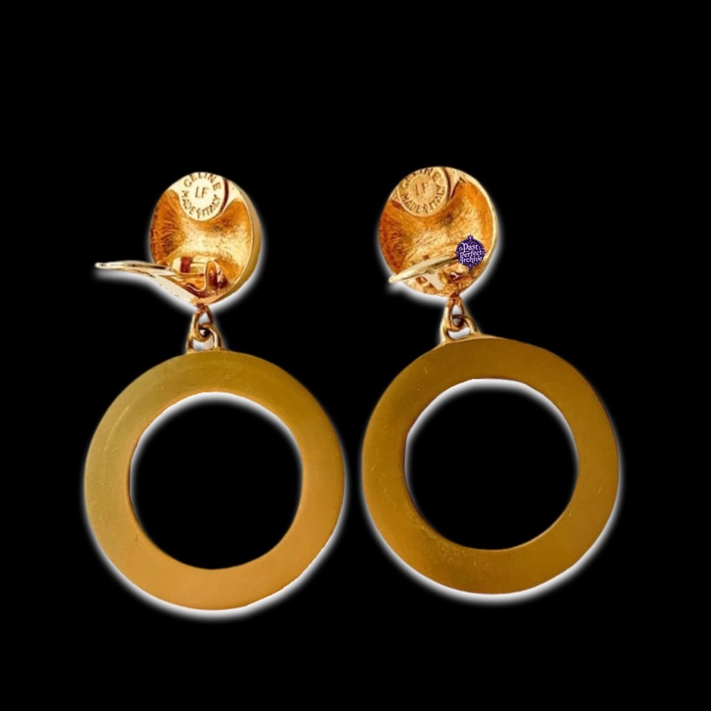 CELINE Paris Vintage Medallion XL Logo Gold - Black Runway Look Clip On Earrings - Picture 3 of 5